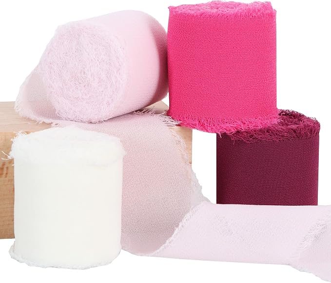 TONIFUL 4 Rolls Hot Pink Chiffon Ribbon Set 1 1/2 Inch 5.5 Yards Silk Fabric by TONIFUL