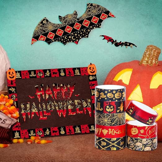 Whaline 12 Rolls Halloween Washi Tapes Red Black Foil Gold Decorative Tapes - Image 6