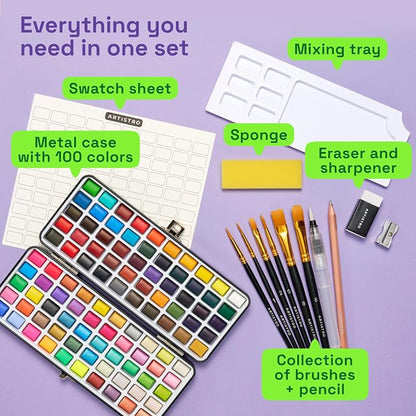 ARTISTRO 100 Watercolor Paint Set, Vivid Colors in Portable Box, Palette set. - Image 2