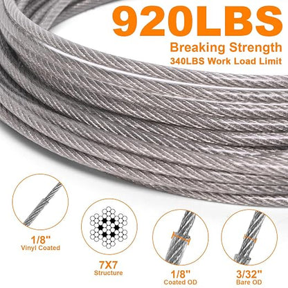250FT 1/8" Wire Rope Kit, Vinyl Coated 304 Stainless Steel Wire Cable, 7x7 - Image 3