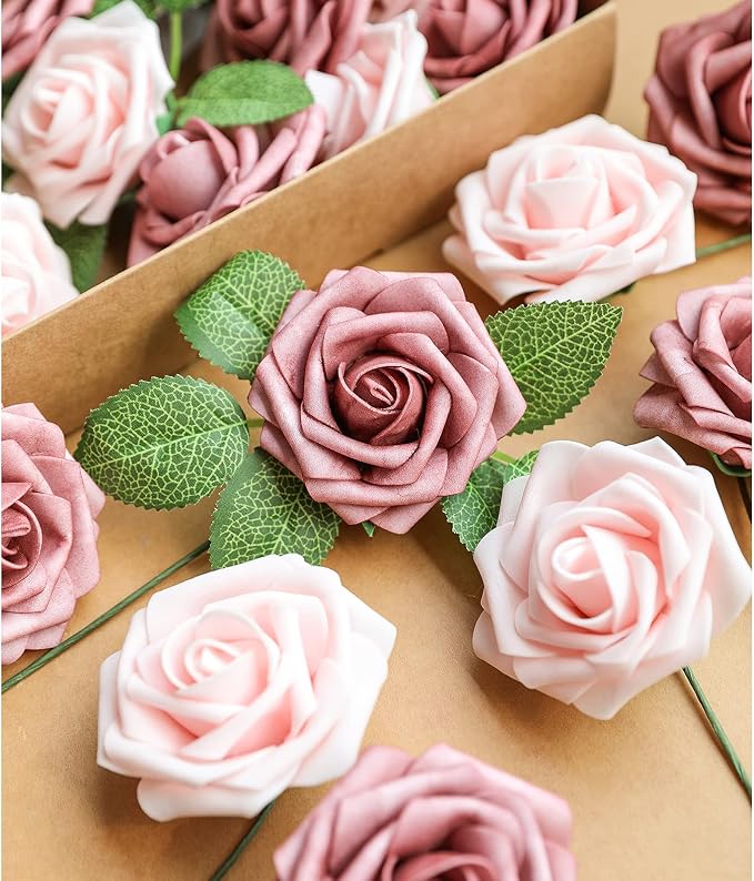 AmyHomie Artificial Flower Warm Taupe & Nude Rose 25pcs Real Looking Fake Roses - Image 3