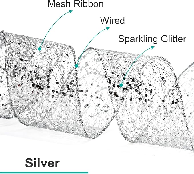 CT CRAFT LLC Sparkling Glitter Mesh Wired Ribbon 2.5" x 10 Yards Silver - Image 2