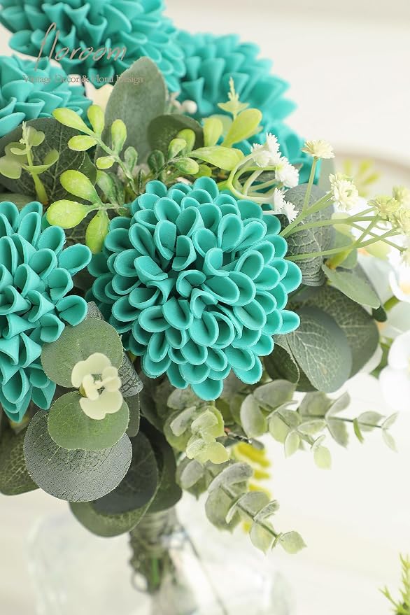 Floroom Artificial Dahlia Flowers 25pcs Real Looking Teal Green Foam Fake Roses - Image 3