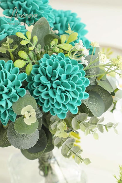 Floroom Artificial Dahlia Flowers 25pcs Real Looking Teal Green Foam Fake Roses - Image 3