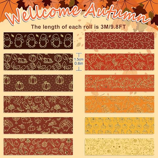 Whaline 12 Rolls Fall Washi Tapes Foil Gold Decorative Tape Autumn Gnome - Image 2