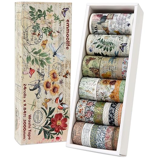 24 Rolls Vintage Washi Tape Set, Floral Letter Butterfly Mushroom Botanical by emmoolife