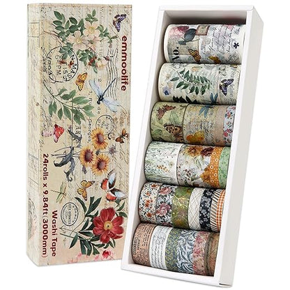 24 Rolls Vintage Washi Tape Set, Floral Letter Butterfly Mushroom Botanical by emmoolife
