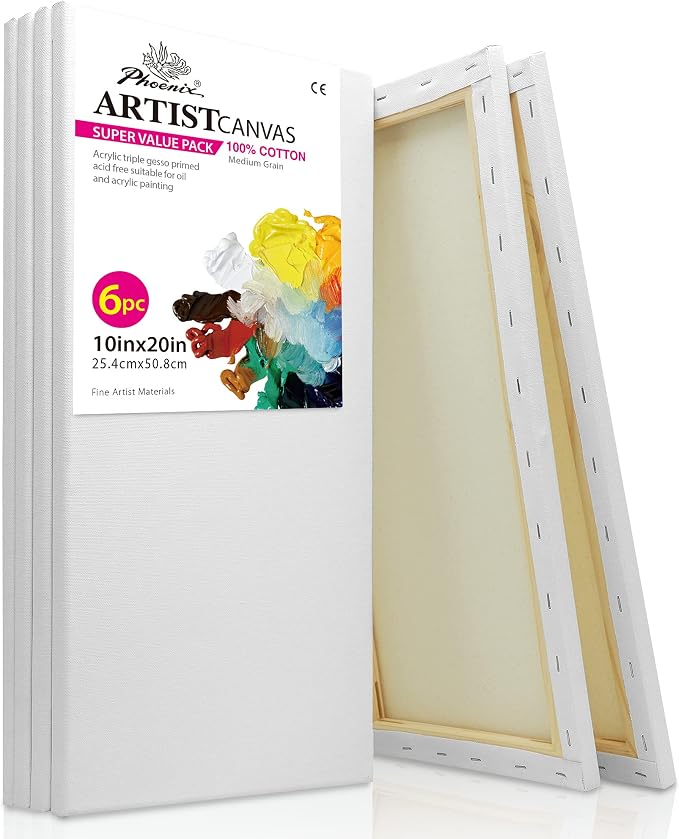 PHOENIX Long Stretched Canvas for Painting 10x20 Inch/6 Value Pack, 8 Oz Triple by PHOENIX