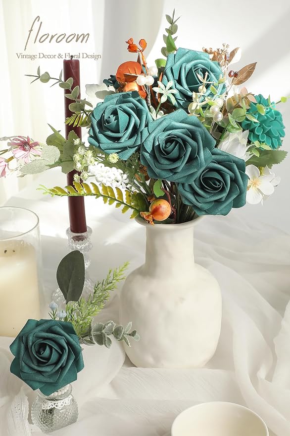Floroom Artificial Flowers 25pcs Real Looking Dark Teal Foam Fake Roses - Image 2