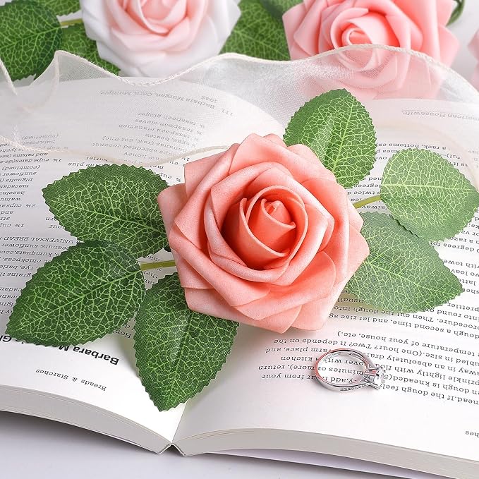 AmyHomie 25pcs Real Looking Artificial Shades of Blush Roses w/Stem - Image 7