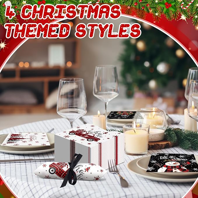 Janlaugh 200 Pcs Christmas Paper Napkins Disposable Snowman Cocktail Napkins - Image 5
