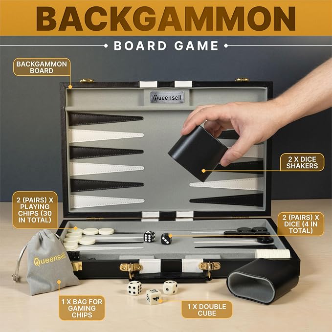 Backgammon Sets for Adults – 15-Inch Black PU Leather Board Game Set – Classic - Image 2