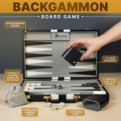 Backgammon Sets for Adults – 15-Inch Black PU Leather Board Game Set – Classic - Image 2