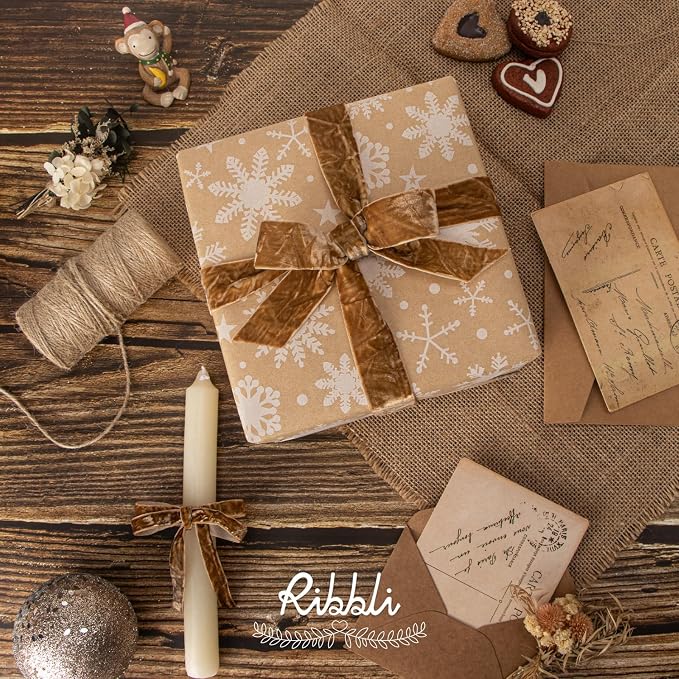 Ribbli Khaki Velvet Ribbon 1 Inches Luxury Crinkled Brown Christmas Ribbon - Image 2