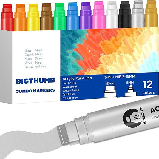 Jumbo Poster Markers Set: 12 Colors Large 15mm Wide Tip Permanent Ink Thick by BIGTHUMB