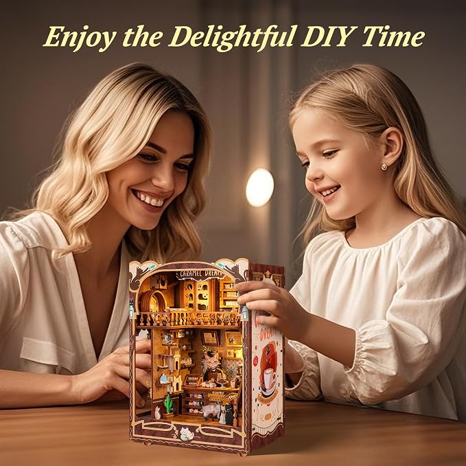 3D Wood Puzzle Book Nook Kit, Caramel Dream Cat Café Bookshelf Insert - Image 6