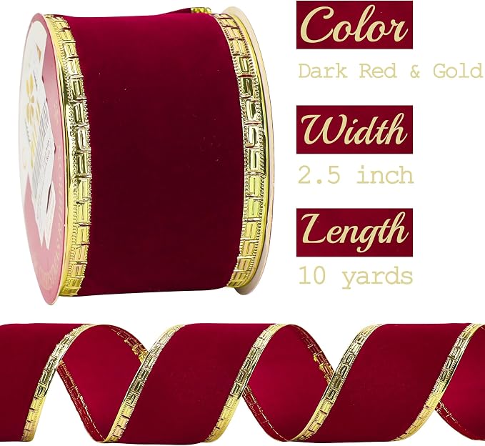 MEEDEE Burgundy Velvet 2.5 Inch Dark Red Christmas Ribbon 10 Yards Wired - Image 2