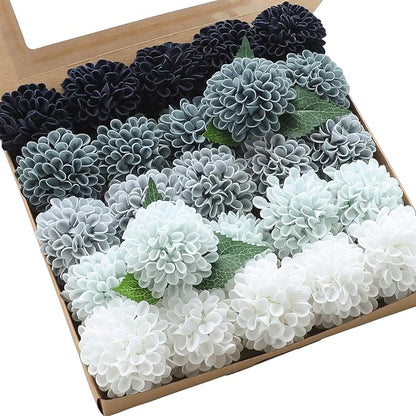Floroom Artificial Dahlia Flowers 25pcs Real Looking Blue Shades Foam Fake Roses by Floroom