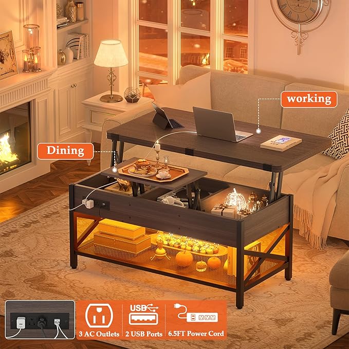 Aheaplus Coffee Table Lift Top Multi-Function Coffee Table Converts to Dining - Image 4
