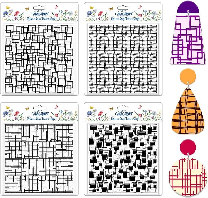 CHGCRAFT 4 Pcs Graffiti Grid Polymer Clay Texture Sheets Abstract Squares by chgcraft