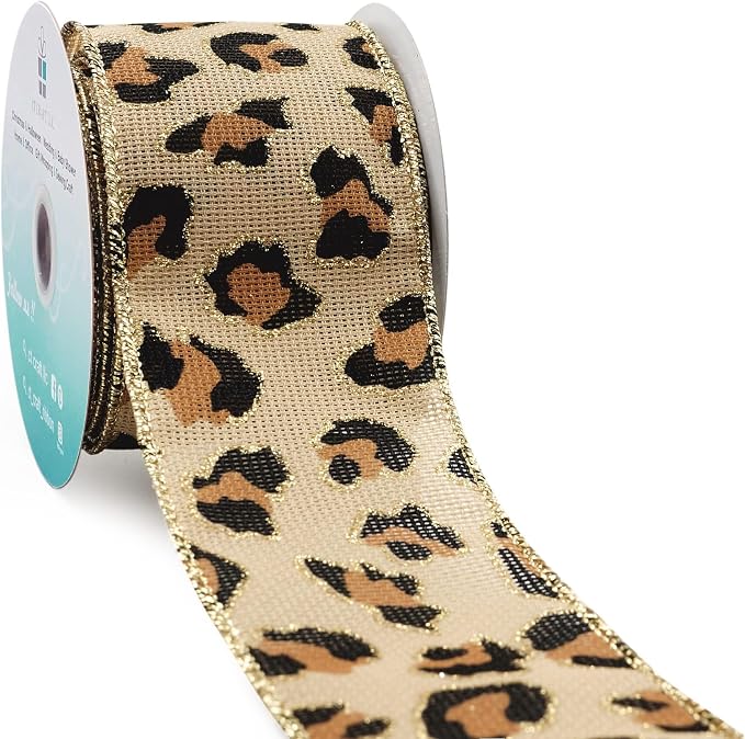 CT CRAFT LLC Burlap Leopard Fabric Wired Ribbon 2.5" x 10 Yards Natural by CTCRAFTLLC