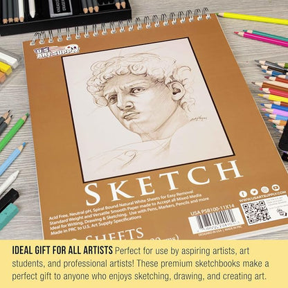 U.S. Art Supply 11"x14" Top Spiral Bound Sketch Book, 2 Pack, 100 Sheets Each - Image 6