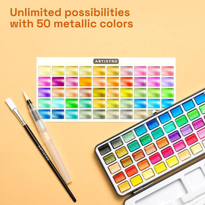 ARTISTRO 50 Metallic Watercolor Paint Set, Vivid Colors in Portable Box - Image 3