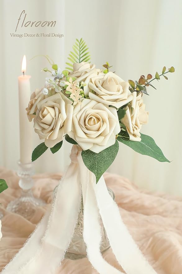 Floroom Artificial Flowers 25pcs Real Looking Beige Foam Fake Roses - Image 2