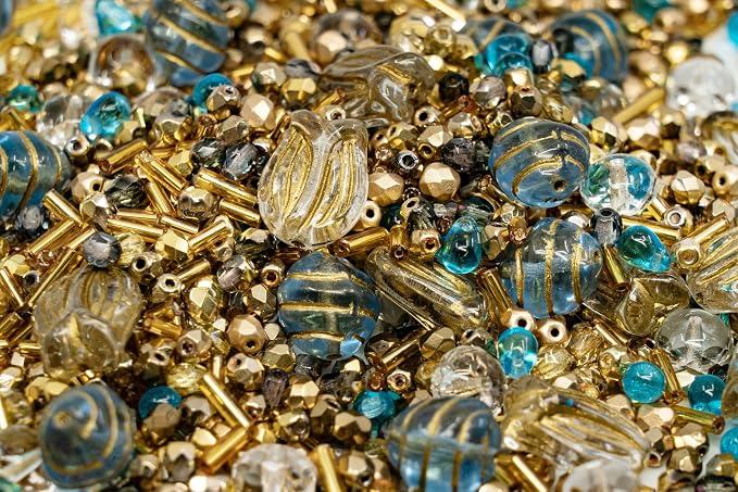 2.1oz Mix of Unique Czech Bohemia Glass Pressed Beads, Aztec Pale Gold Crystal - Image 7