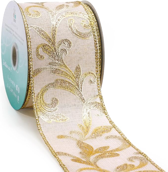 CT CRAFT LLC Tan Burlap Gold Swirl Wired Ribbon 2.5 Inch x 10 Yards by CTCRAFTLLC