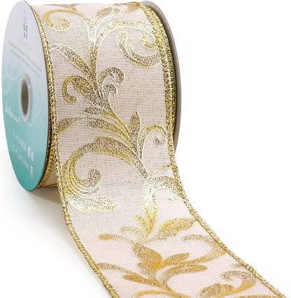 CT CRAFT LLC Tan Burlap Gold Swirl Wired Ribbon 2.5 Inch x 10 Yards by CTCRAFTLLC