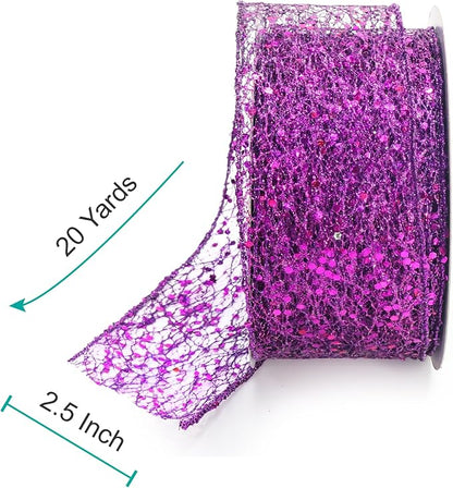 CT CRAFT LLC Sparkling Glitter Mesh Wired Ribbon 2.5" x 20 Yards Purple - Image 2