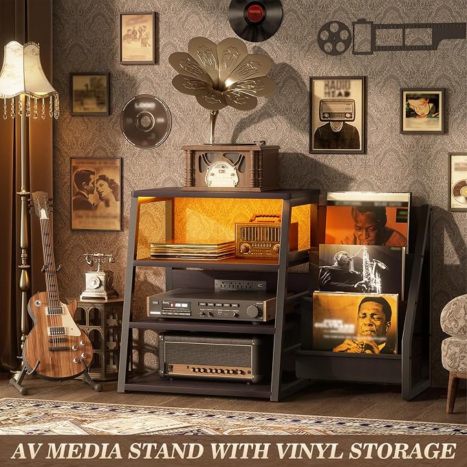 AV Media Stand with Outlets, Stereo Stands and Racks with Vinyl Storage - Image 8