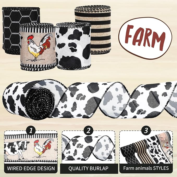 Farmhouse Animal Wired Edge Ribbons Cow Chick Pig Stripe Chicken Wire - Image 3