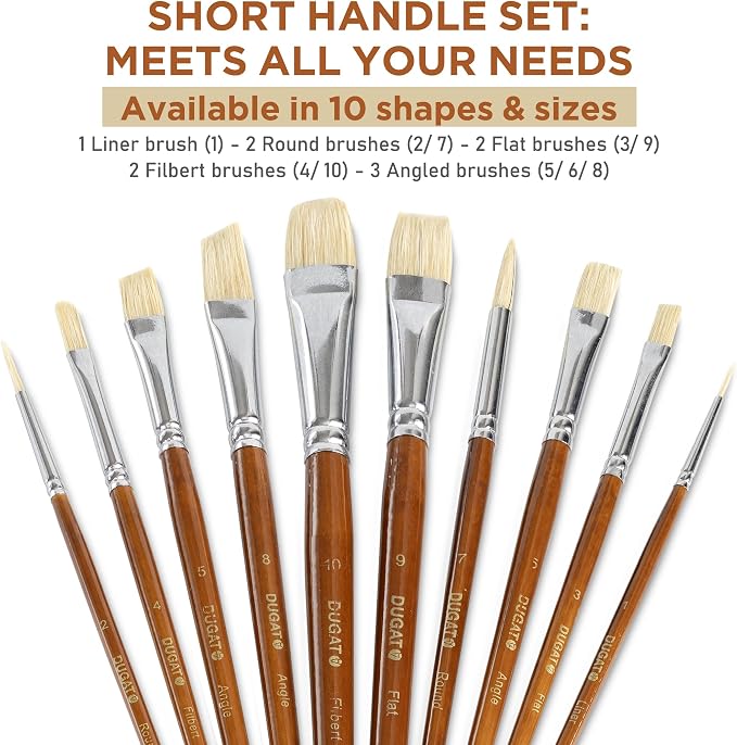 10pcs Short Handle White Hog Hair Artist Paint Brush Set by DUGATO Perfect - Image 2