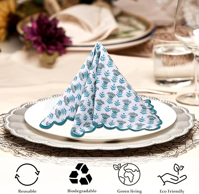 Ridhi Aquamarine Blue Hand Block Print Napkins 18" x 18" Set of 4 Reusable - Image 3