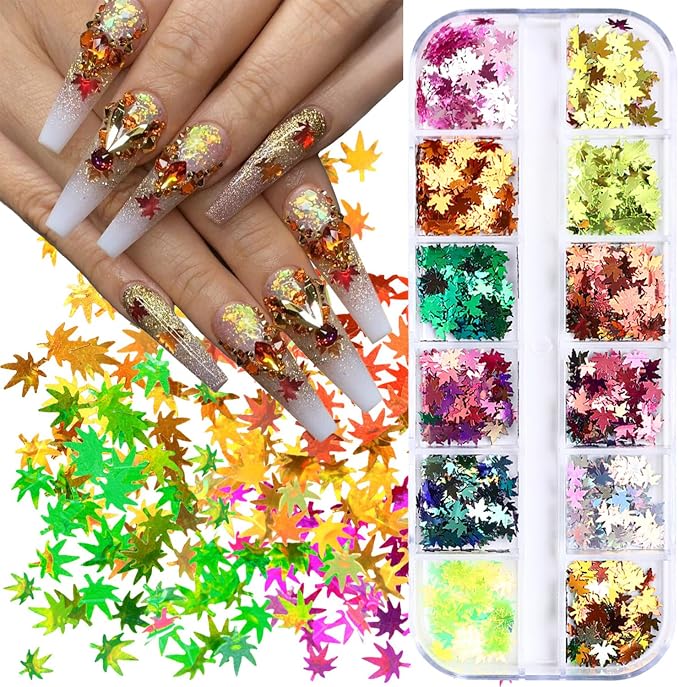 Thanksgiving Glitter Maple Leaf Nail Sequins Holographic Laser Mixed Color Fall by Vopintpy
