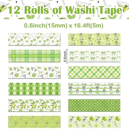 12 Rolls Greenery Washi Tape, Martini Bow Lemon Masking Tape, Checkered Martini - Image 2