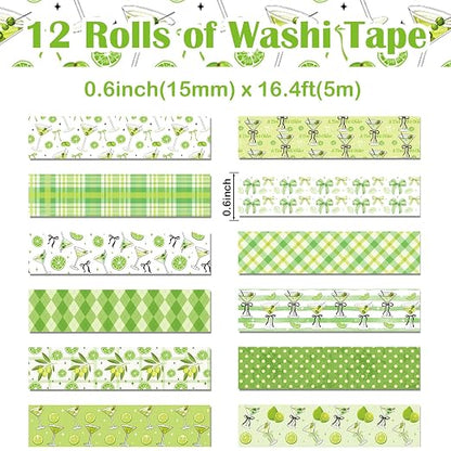 12 Rolls Greenery Washi Tape, Martini Bow Lemon Masking Tape, Checkered Martini - Image 2