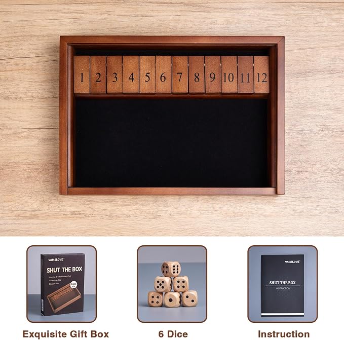 VAMSLOVE Shut The Box Dice Game Wooden Board Table Math Game - Image 3