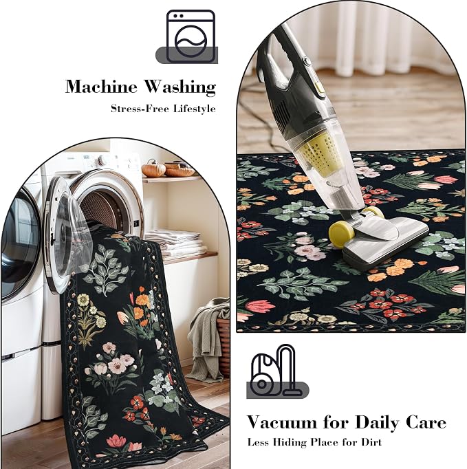 Wonnitar Floral Print 8x10 Washable Rug, Non Slip Black Dining Room Rug - Image 4