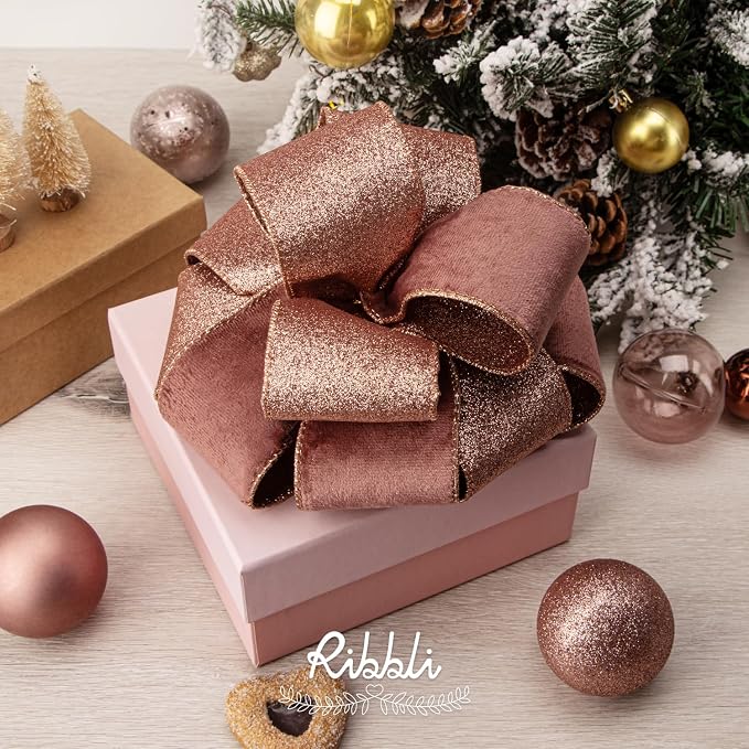 Ribbli Rose Gold Velvet Wired Ribbon 2.5 Inch Dusty Rose Velvet - Image 2