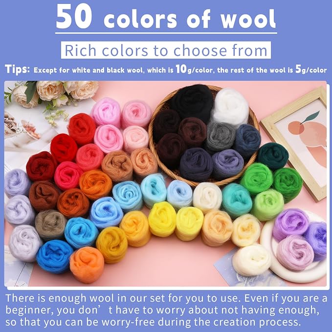 IMZAY 50 Colors Needle Felting Wool, 5g/Pack Wool Roving Yarn, 9.2 Oz Fiber - Image 2