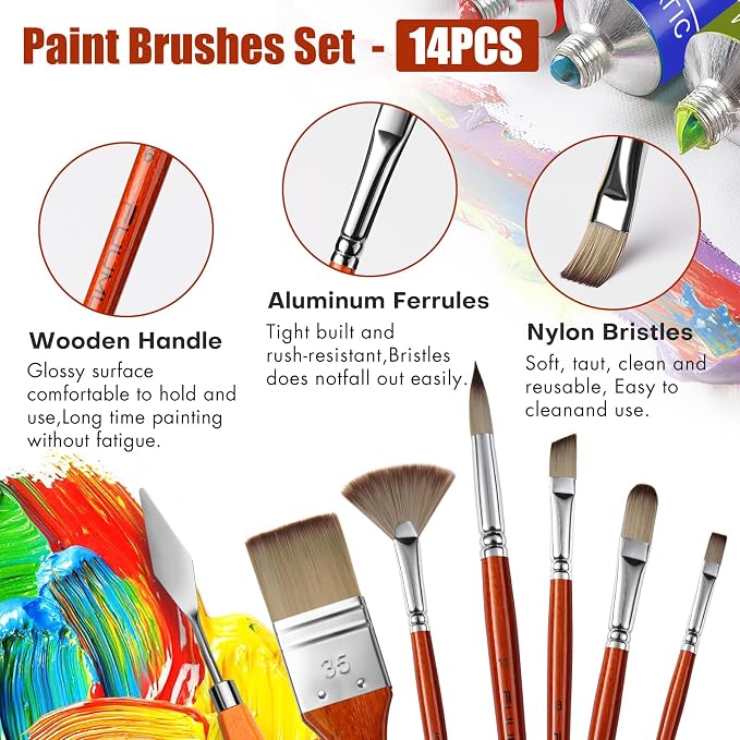 14pcs Acrylic Paint Brushes, Professional Synthetic Bristles Paint Brush Set - Image 4