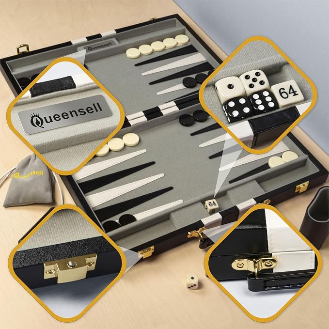 Backgammon Sets for Adults – 15-Inch Black PU Leather Board Game Set – Classic - Image 7