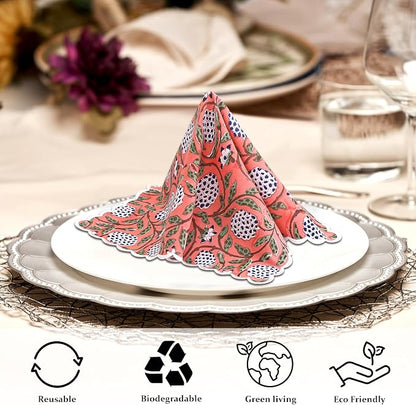 Ridhi Dark Salmon Pink Hand Block Print Napkins 18" x 18" Set of 4 Reusable - Image 5