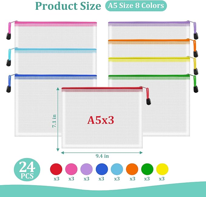 24pcs Mesh Zipper Pouch Bags, A5 9.4x7.1 Inches, 8 Colors, Organizing Pouches - Image 2