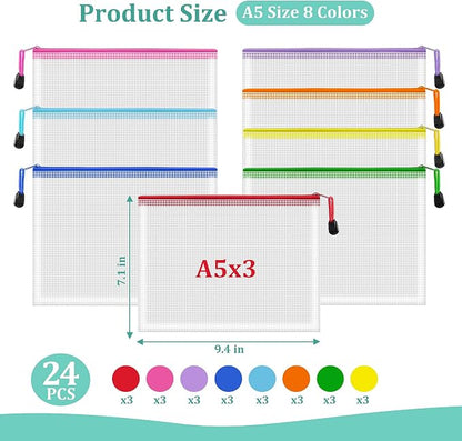 24pcs Mesh Zipper Pouch Bags, A5 9.4x7.1 Inches, 8 Colors, Organizing Pouches - Image 2