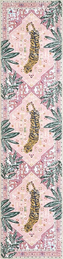 Oriental Tropical Hallway Runner Rug 2x6 Washable, Thin Stain Resistant Pink - Image 7
