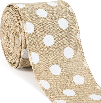 Burlap Ribbon Wired, Farmhouse Rustic White Dots Ribbon by Unknown